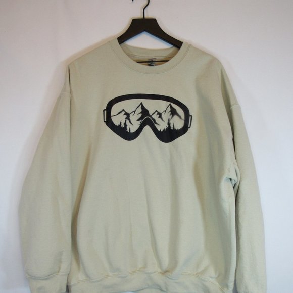 Gildan Beige Tan Crew Neck Winter Skiing Snowboard Goggles Sweatshirt - Picture 3 of 6